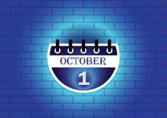 Obraz premium A stylized calendar page showing October 1st, highlighted against a blue brick wall. The design is clean and modern, suitable for various uses.