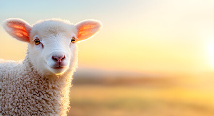 Fototapeta premium A close-up of a fluffy lamb against a warm, glowing sunset, showcasing its innocence and charm in a serene rural setting.