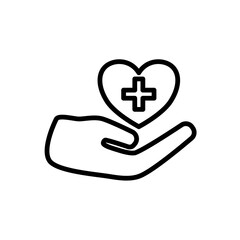 Obraz premium care icon, hand with heart and plus sign, simple flat style, logo sign symbol vector illustration pictogram, isolated on white for mobile app