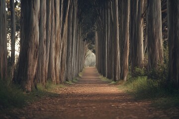 Path through eucalyptus grove, misty morning, nature, travel