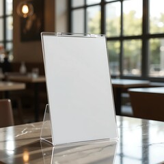 A clear acrylic sign holder stands on a table in a restaurant, ready for a menu or advertisement.