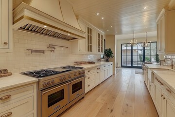 A large kitchen with a stove and oven, and a long counter