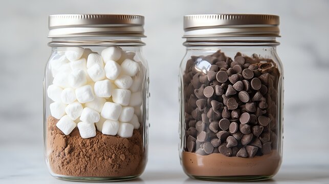 DIY hot chocolate mix in jars, two glass jars with cocoa powder, mini marshmallows, and chocolate chips on rustic wooden surface, concept for homemade beverage gifts, cozy winter treats, Generative AI - Powered by Adobe