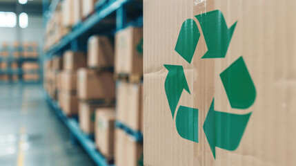 Eco-friendly cardboard box with recycling symbol in modern warehouse showcasing sustainable packaging solutions and responsible waste management practices