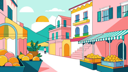Fototapeta premium Vibrant Mediterranean Townscape with Colorful Buildings and Market Stalls