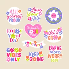Fototapete Set of positive thinking concept stickers design. Encourage quotes lettering with cute flower and heart. © NTRdesign
