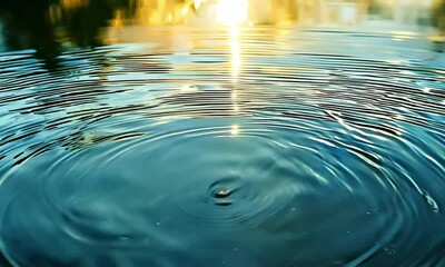 Capture a high-definition video of water ripples forming gentle patterns in a pond, with reflections of soft light in shades of blue and gold - Powered by Adobe