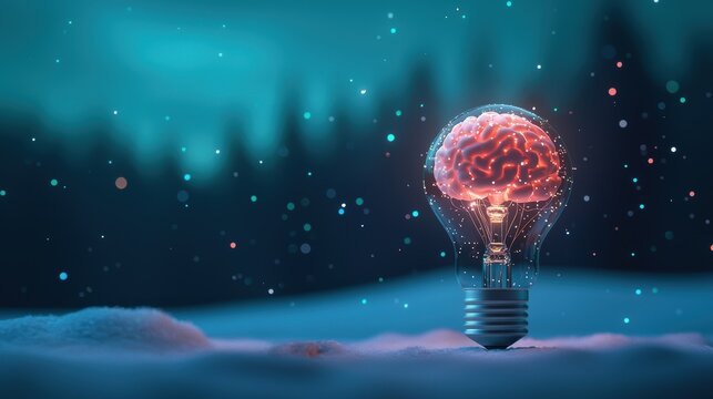 A lightbulb with a brain inside, connected to wires and circuits, symbolizing the power of ideas and their potential to innovate.
