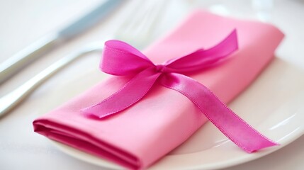 Pink napkin with a pink ribbon bow on a plate