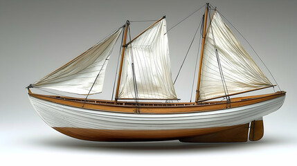 Obraz premium Antique wooden sailboat model, studio shot, neutral background, possible use in nautical themed print.