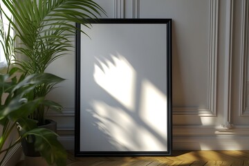 Blank poster mockup, sunlit room, plants, interior design (5)