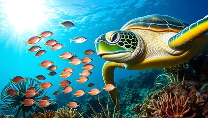 Fototapete Rund Green sea turtle swimming near coral reef with fish. © Adit