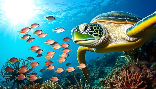 Green sea turtle swimming near coral reef with fish.