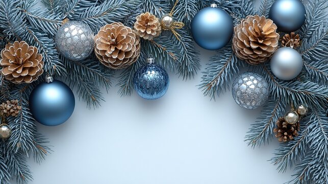 Holiday decor of ornaments and cones on blue fir branches on plain background