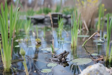 A frog sits among lily pads and reeds in a tranquil pond setting.