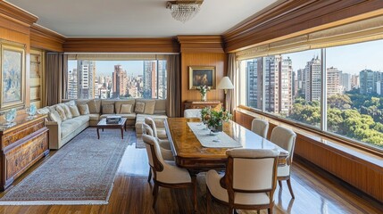 Wooden home living room interior with sofa and armchairs, side view dining table with chairs and sideboard. Relax corner and panoramic window on skyscrapers. 3D rendering