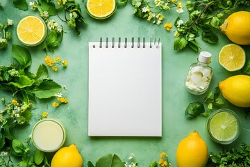 Lemons, limes, herbs, notepad, recipe, green background,  wellness,  blog
