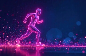 The glowing silhouette of a running man illuminated by neon light symbolizes the connection between physical exercise and mental health. The concept of sports and health with copy space.