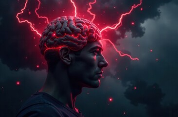 The human brain is under pressure, surrounded by dark clouds and red lightning symbolizing stress. The concept of stress with copy space