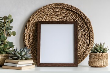 Blank frame mockup, succulents, shelf, wicker, interior design