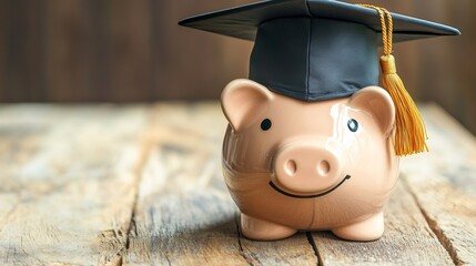 piggy bank With Graduation Cap on old wood,Money saving concept.