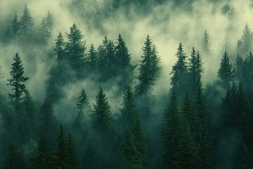 Misty mountain forest aerial view, evergreen trees, fog, nature, wallpaper