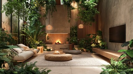3d rendering of a modern living room. Interior Design. Plants in the interior. Fireplace and TV area