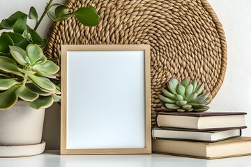Blank frame mockup, plants, books, wicker, home decor