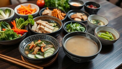 Freshly sliced meat, seafood, and vegetables in a hot pot of shabu shabu, on a black background, vegetables, Japanese cuisine