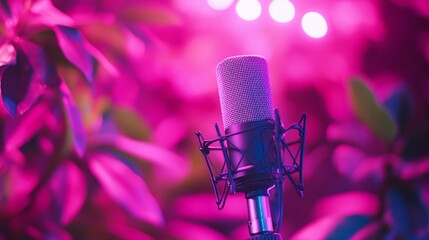 Pink Studio Microphone in a Vibrant Floral Setting