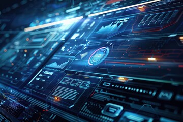 Fototapeta premium A futuristic digital interface displaying data analytics and interactive elements.