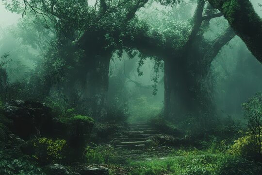 Mystic forest path, stone steps, misty jungle, adventure game background