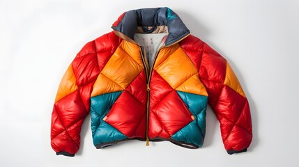 A close up view of a quilted winter jacket with its zipper slightly open displayed on a clean white background showcasing the garment s design texture and attention to detail
