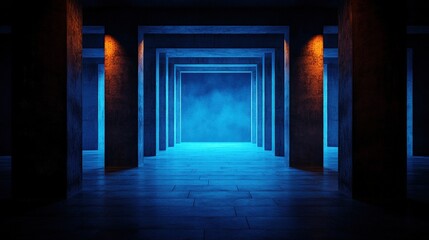 Obraz premium Neon Blue and Orange Corridor: A Futuristic Architectural Masterpiece
