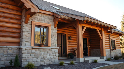 Log Cabin Exterior with Stone Accents and Covered Porch
