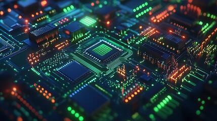 Obraz premium Close-up of illuminated circuit board with central processor.