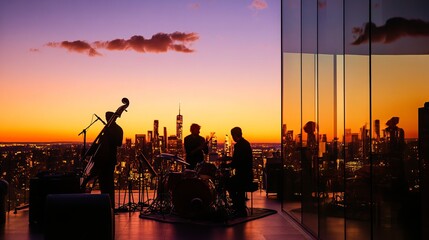 A modern rooftop jazz concert at sunset, featuring a small band playing with a cityscape in the background.