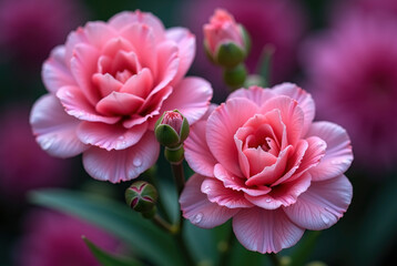 Fototapeta premium Close-up of pink freesia flowers on a rainy day