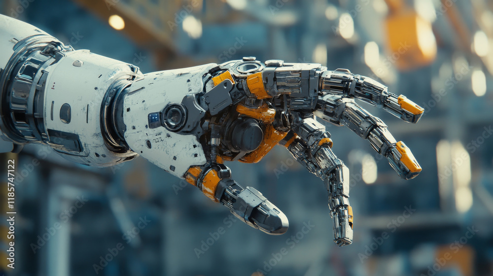 Poster robot hands or arms. future artificial technology, cyborg mechanical hand with metallic fingers grip