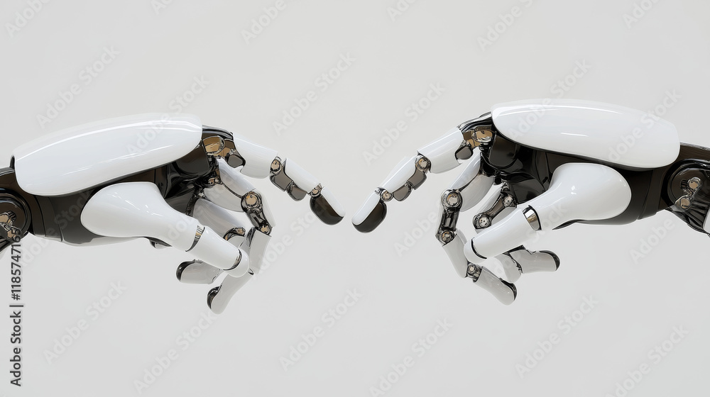 Poster robot hands or arms. future artificial technology, cyborg mechanical hand with metallic fingers grip