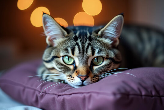 A tiger-striped cat with green eyes resting on a purple cushion