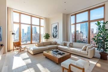 A large living room with a white couch, a coffee table, and a potted plant