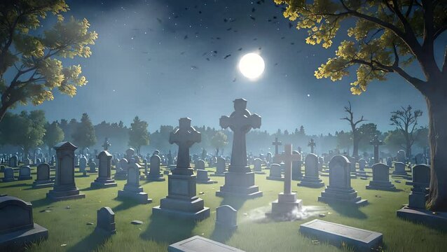 Cemetery landscape, graveyard tombstones background, vector Halloween horror night. Cartoon cemetery landscape with scary tombstones and spooky moon, RIP gravestones and creepy dark graves