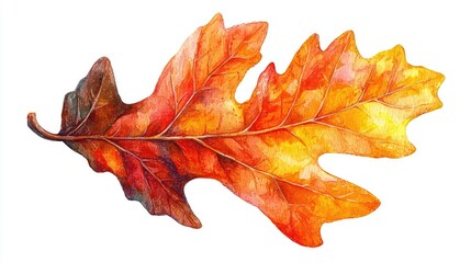 Obraz premium Autumn Oak Leaf: A Watercolor Painting of Fall's Fiery Hues