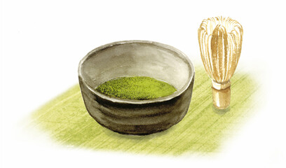 湯のみ茶碗に入った抹茶と茶せんの墨彩画