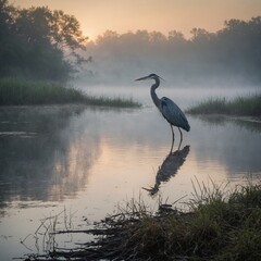 A heron walking along a foggy riverbank, the sky painted in soft pastels at sunrise.