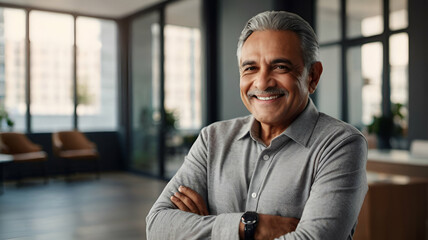 Obraz premium Confident Middle-Aged CEO, Headshot Portrait of a Handsome Hispanic or Indian Senior Businessman in Suit
