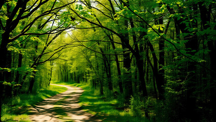 Fototapeta premium Peaceful Sunlit Forest Path Winding Through Lush Green Trees in Spring
