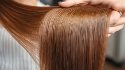 Fototapeta premium Master barber shows healthy texture of client hair after restoration, nutrition and dyeing procedure