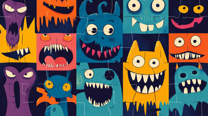 Halloween monster mouths of sudoku or puzzle game vector template. Children educational worksheet of horror puzzle or riddle with screaming vampire, alien mutant and demon smile, preschool education